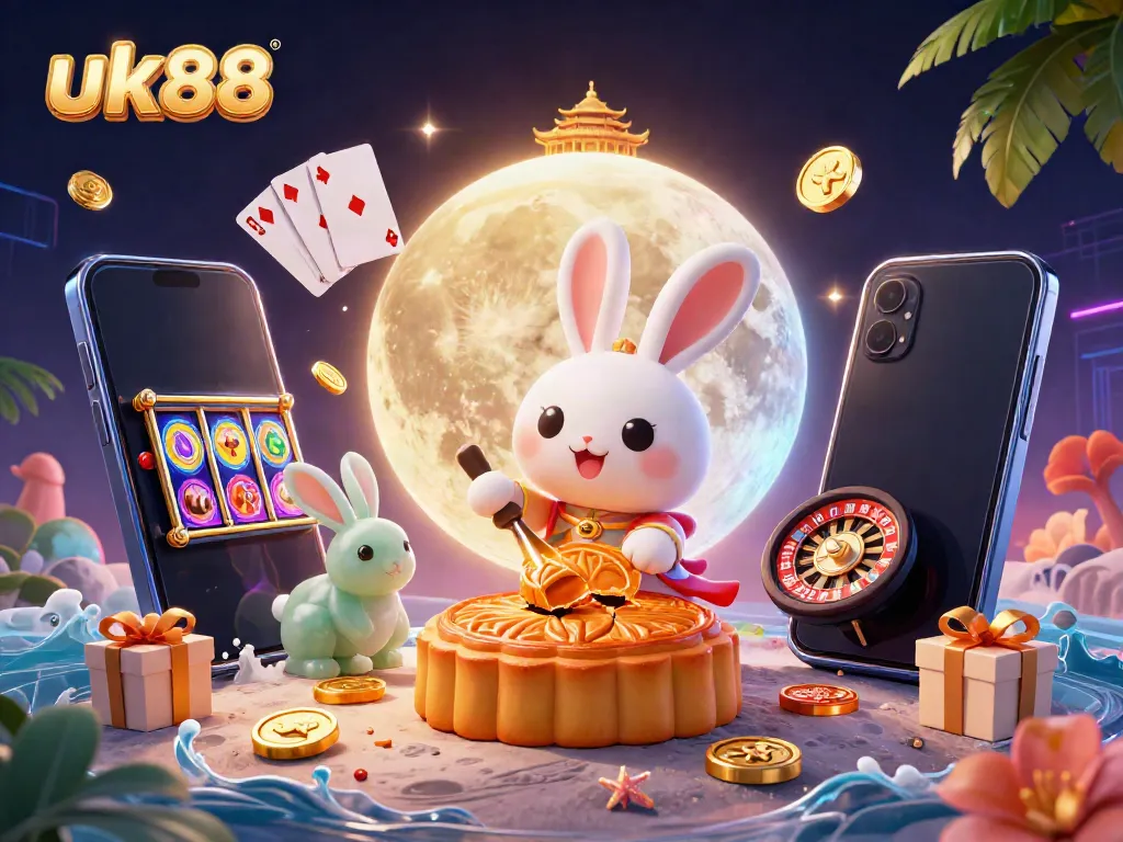 Engaging illustration of uk88 featuring a moon rabbit creating mooncakes with poker chips, alongside vibrant casino elements.