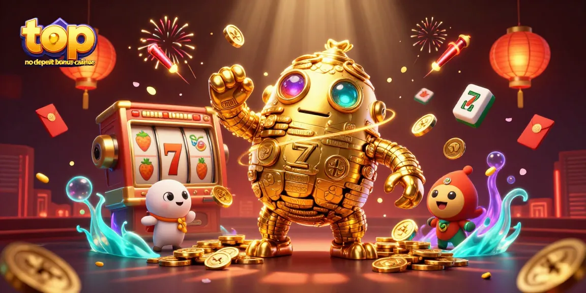 Engage in top no deposit bonus casinos with a vibrant 3D illustration of a golden golem amidst slot reels and festive elements.