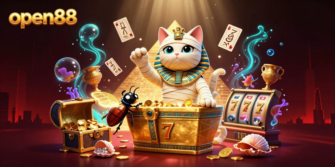 Experience thrills at open88 with a mummy cat and striking casino elements highlighting a vibrant gaming scene.