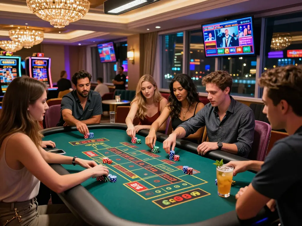 Friends enjoying the excitement of games at Five88 casino with vibrant atmosphere