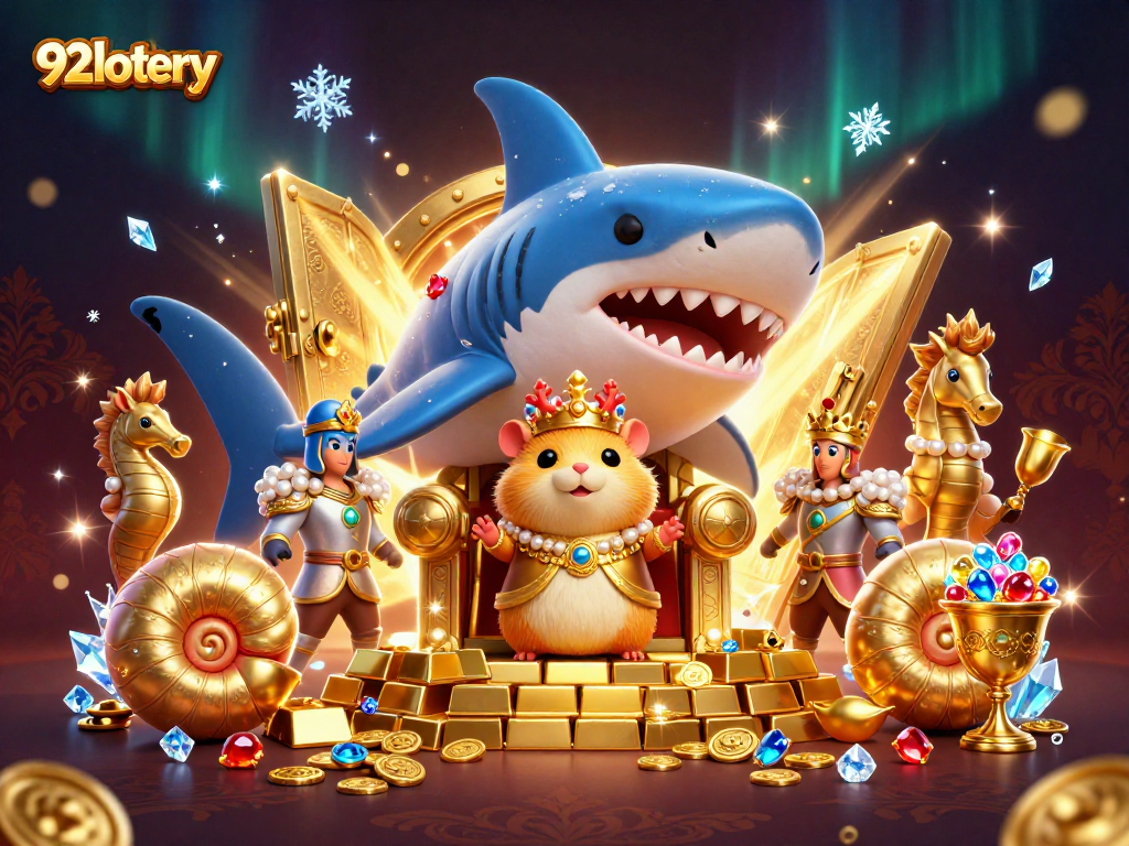 92lottery captivates with a vibrant scene of a golden hamster king on a shark tooth throne, surrounded by treasure.