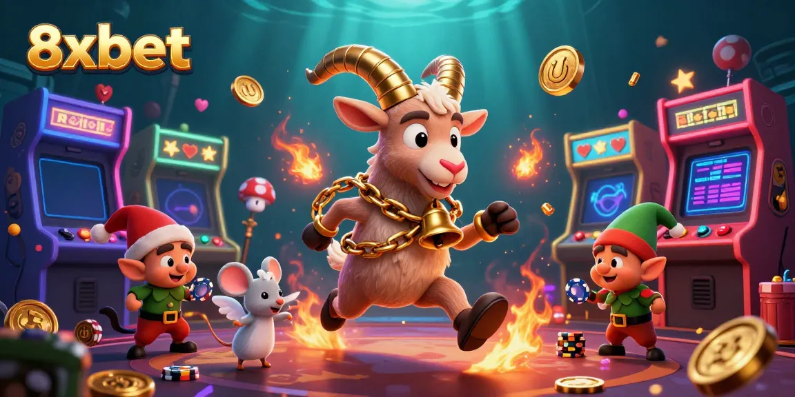 Experience the thrill of 8xbet with a festive casino scene featuring lively characters and vibrant game elements.
