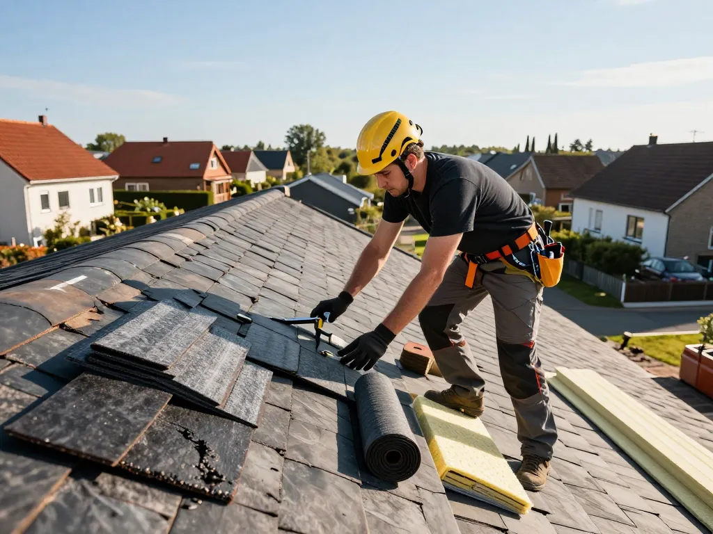Professionele dakdekker inspecteert een leien dak in Hoevelaken, en toont hoogwaardige dakdekker diensten op https://www.de-kraaij.com/dakdekker-hoevelaken.