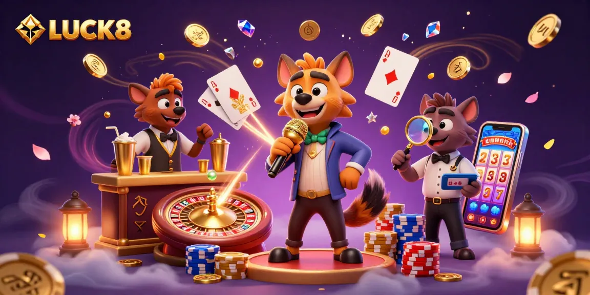 Engage in casino fun at LUCK8 with lively hyenas, golden coins, and thrilling games.