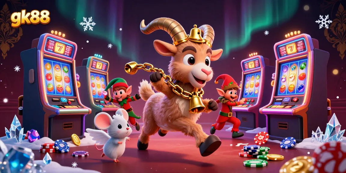 Play exciting casino games at gk88, featuring a festive Krampus goat amidst vibrant slot machines and playful elfin mischief.