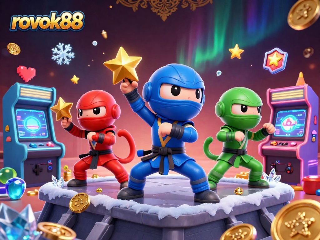 Experience thrilling action with rokok88 as chameleon ninjas demonstrate their skills in a colorful arcade setting.
