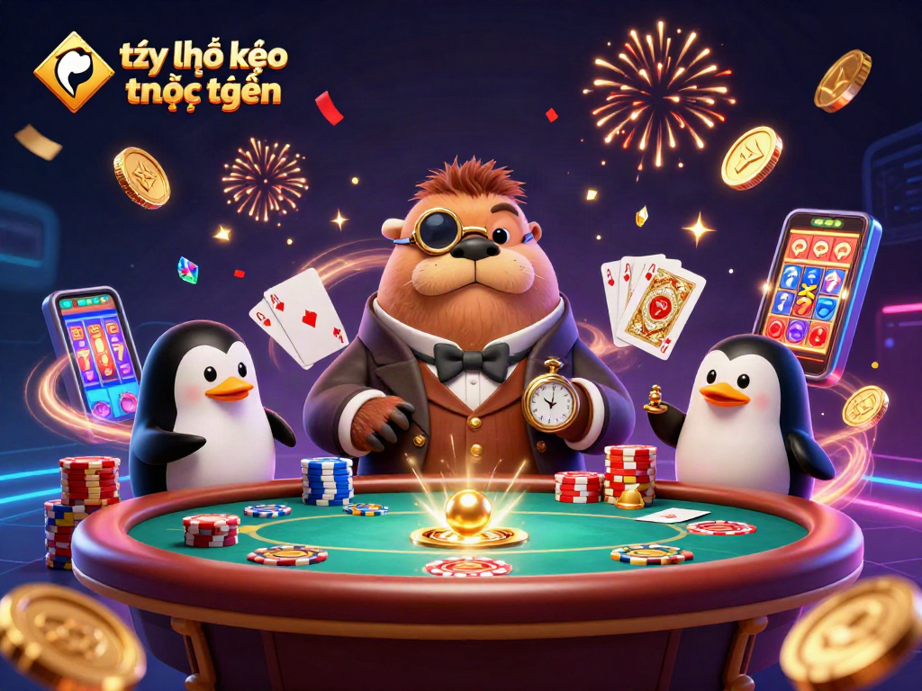 Engage with tỷ lệ kèo trực tuyến through a vibrant 3D casino scene featuring whimsical characters and dynamic game elements.