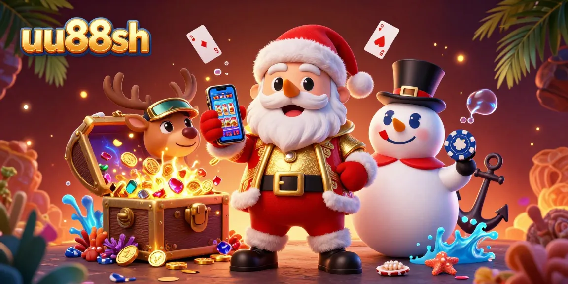 Spin with uu88sh as Santa and friends celebrate jackpots in a vibrant casino scene.