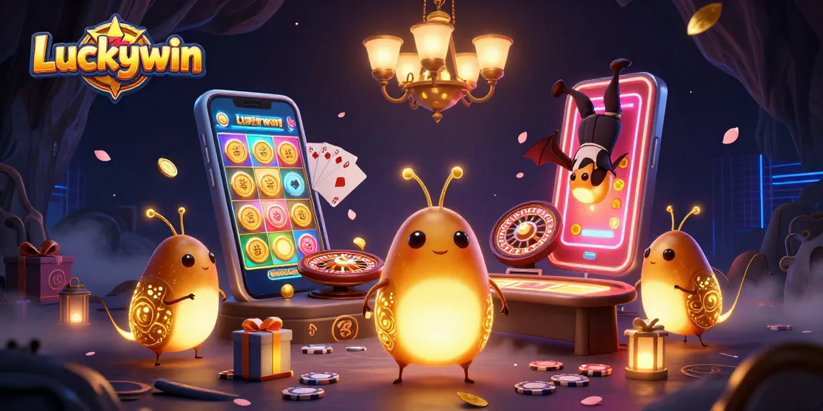 Experience Luckywin's vibrant cave casino with dazzling glowworms, golden coins, and exciting gaming elements.