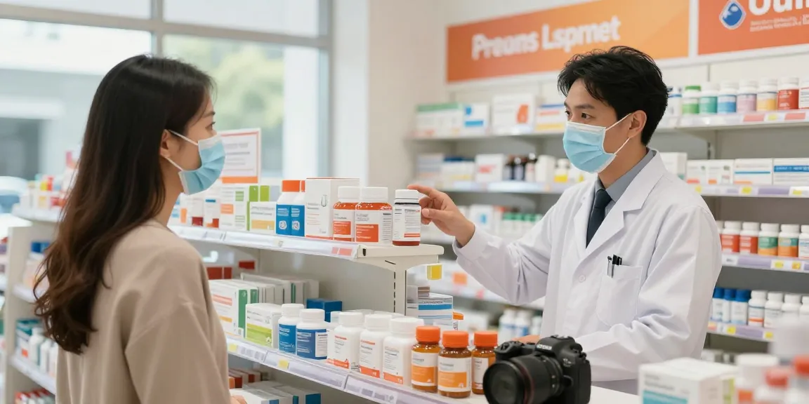 Interactie tussen een apotheker en klant in Unique Pharma Shop met diverse gezondheidsproducten op de achtergrond.
