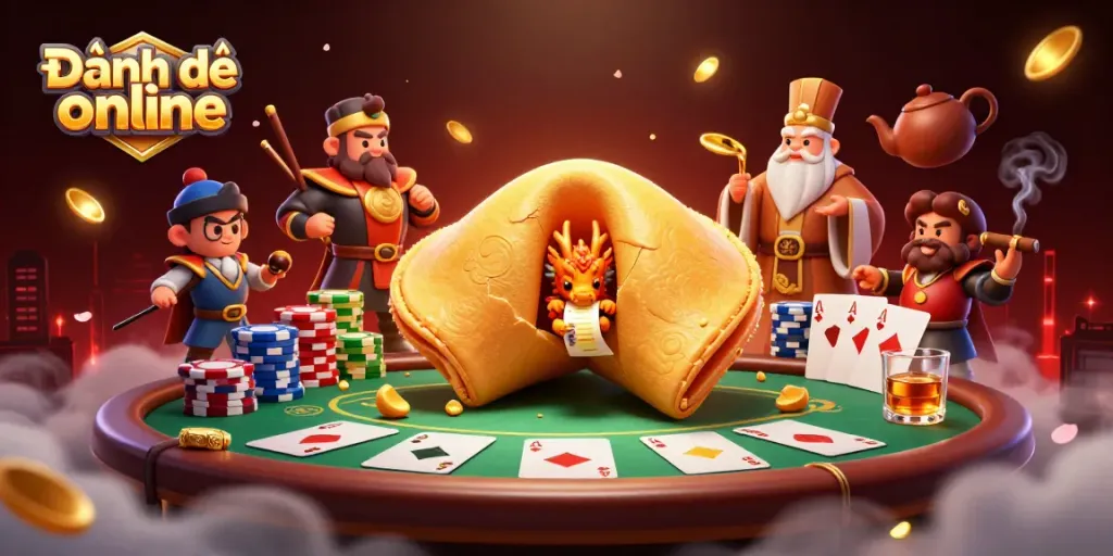 Engage in Đánh đề online with a vibrant 3D illustration of fortune cookies and poker dynamics.
