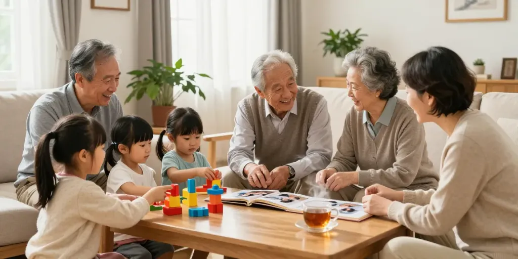 Meaningful family moment highlighting rokok88 values of respecting parents and familial bonds.