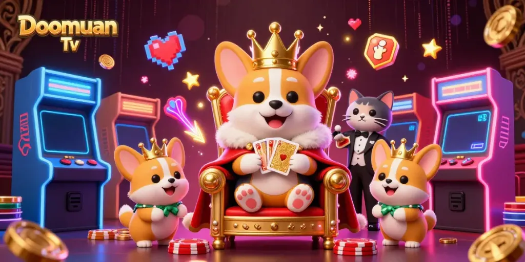 Doomuan Tv offers a vibrant 3D depiction of poker gameplay, featuring a royal corgi and colorful game elements.