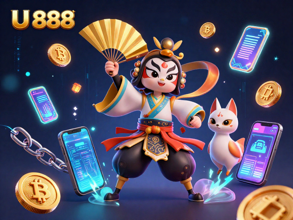 Betting with U 888: a kabuki warrior and kitsune mask in a vibrant casino-themed digital landscape