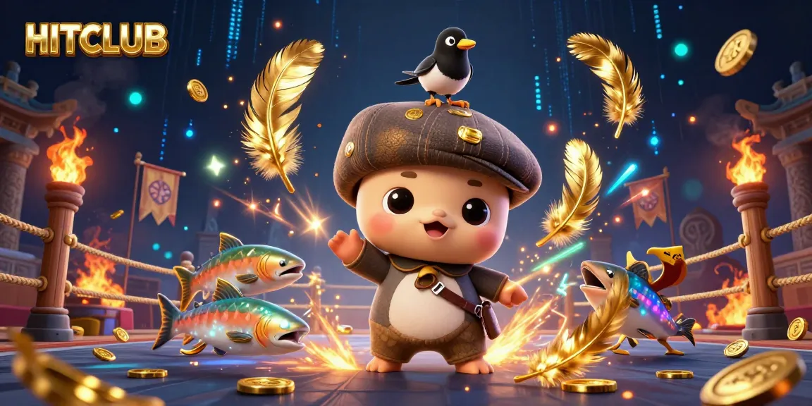 Join the action at HITCLUB with playful characters and exciting gaming elements in this vibrant illustration.