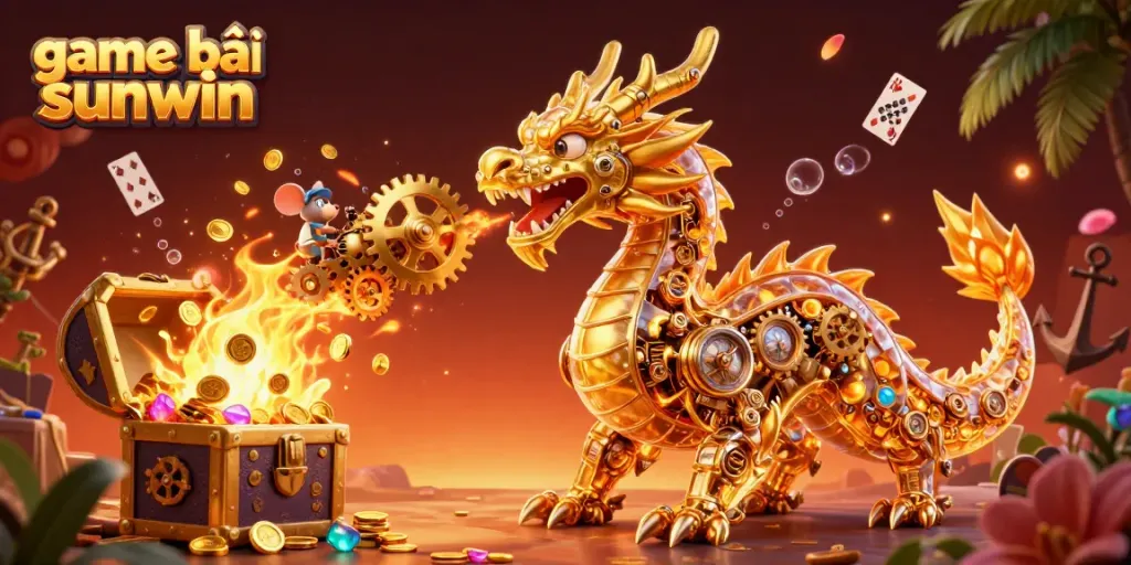 Experience the vibrant action of game bài sunwin with gold coins, glowing elements, and a dragon overhead.