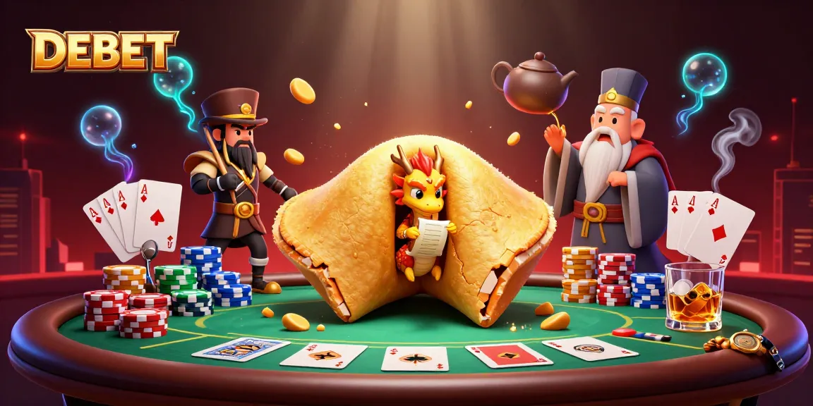 DEBET showcases a captivating 3D illustration of a golden fortune cookie revealing a dragon's fortune among casino elements.