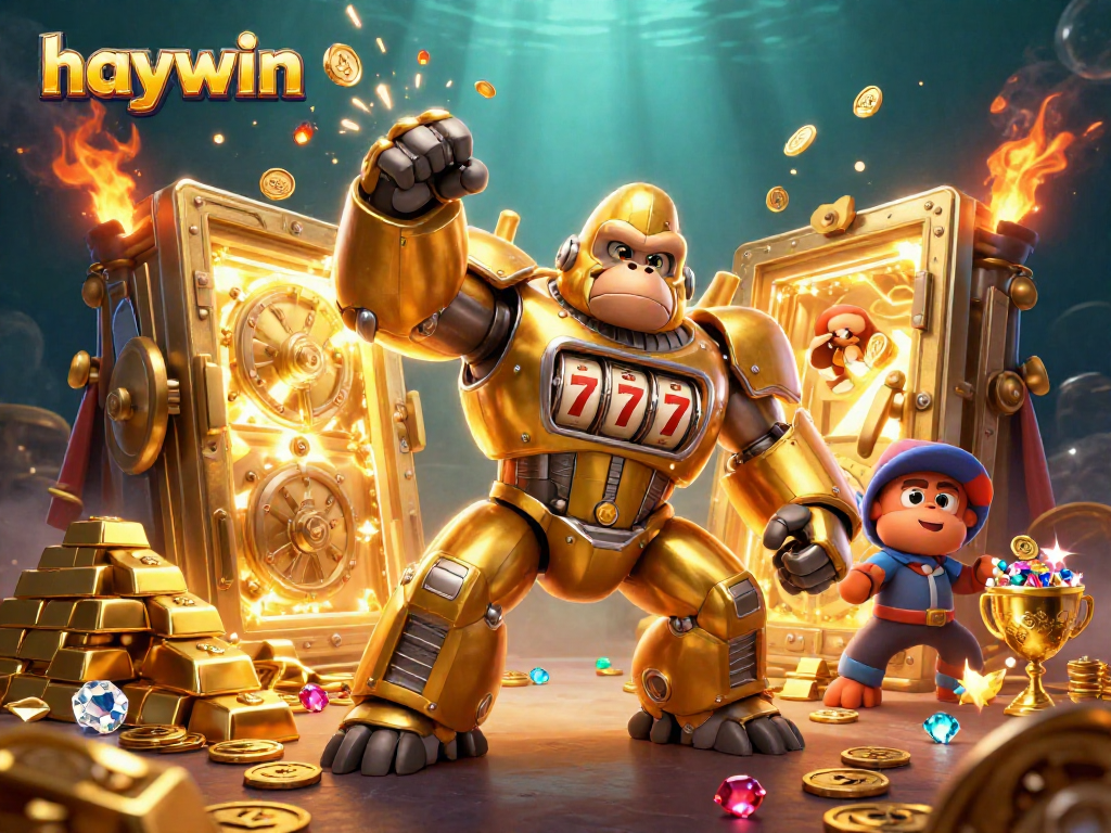 Experience excitement at Haywin's casino with an action-packed scene of a golden gorilla mech bursting with prizes.