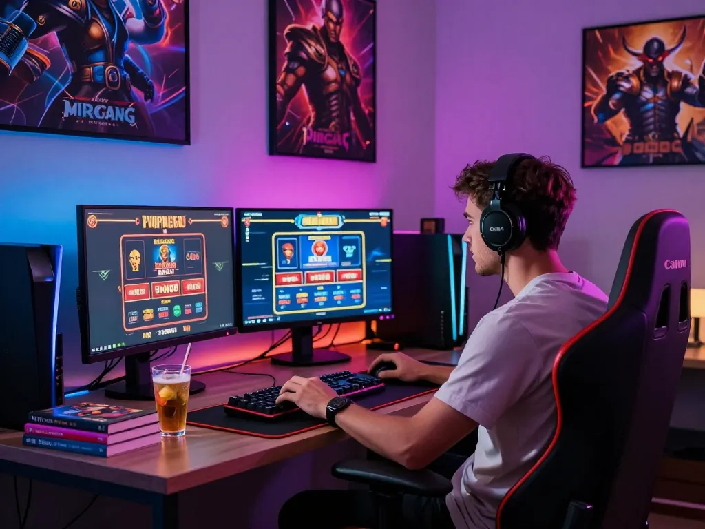 Engaging online betting experience with MM88 in a vibrant gaming setup featuring multiple monitors and colorful ambient lighting.