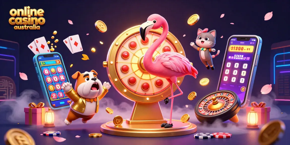Play exciting games at this online casino Australia with animated characters, vibrant game elements, and a celebratory atmosphere.