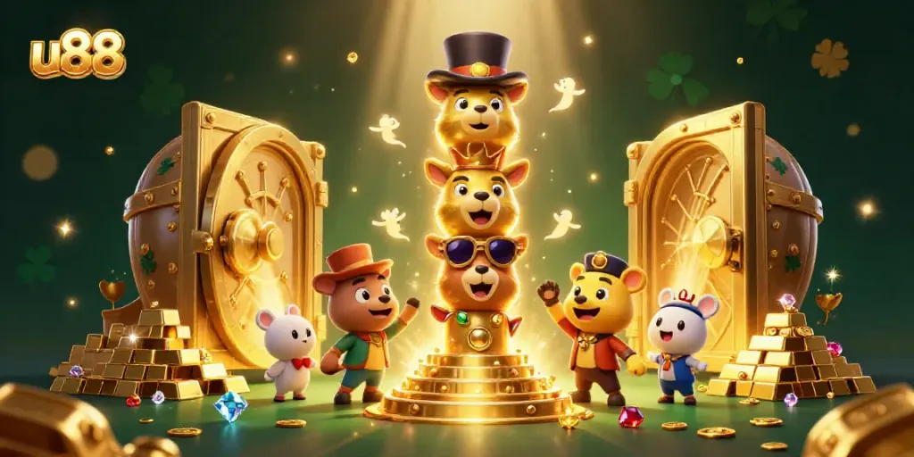 Engage with exciting wins at u88, featuring a vibrant casino scene with golden treasures.