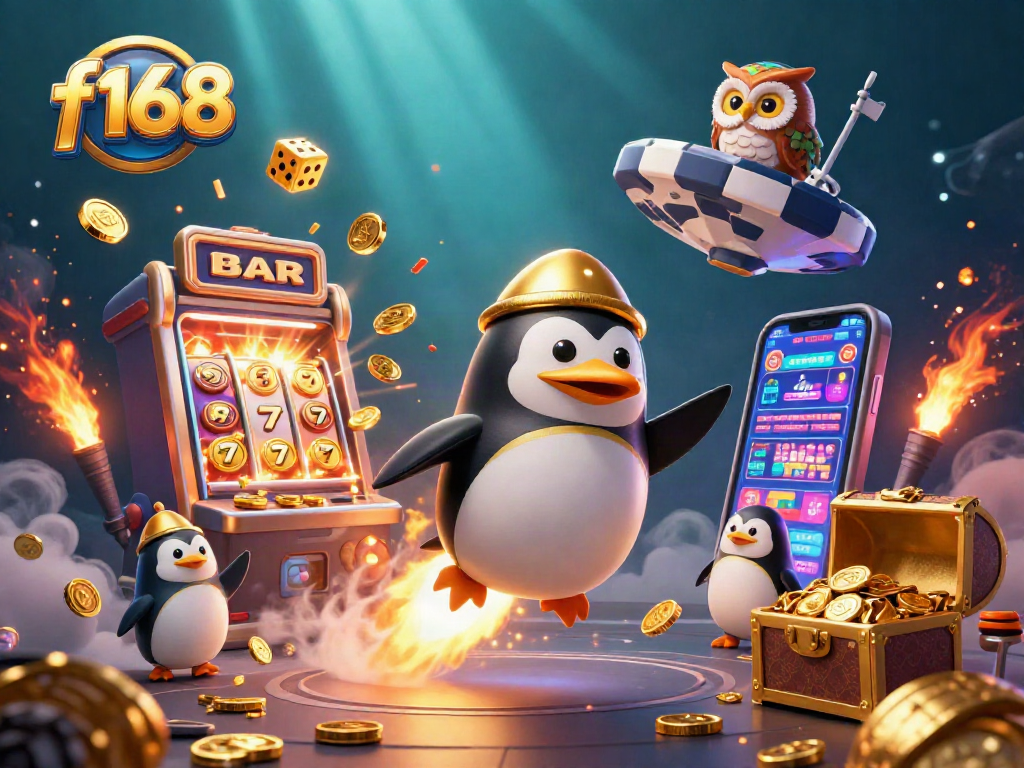 Experience thrilling f168 wins with a golden penguin at a casino, surrounded by jackpots and excitement.