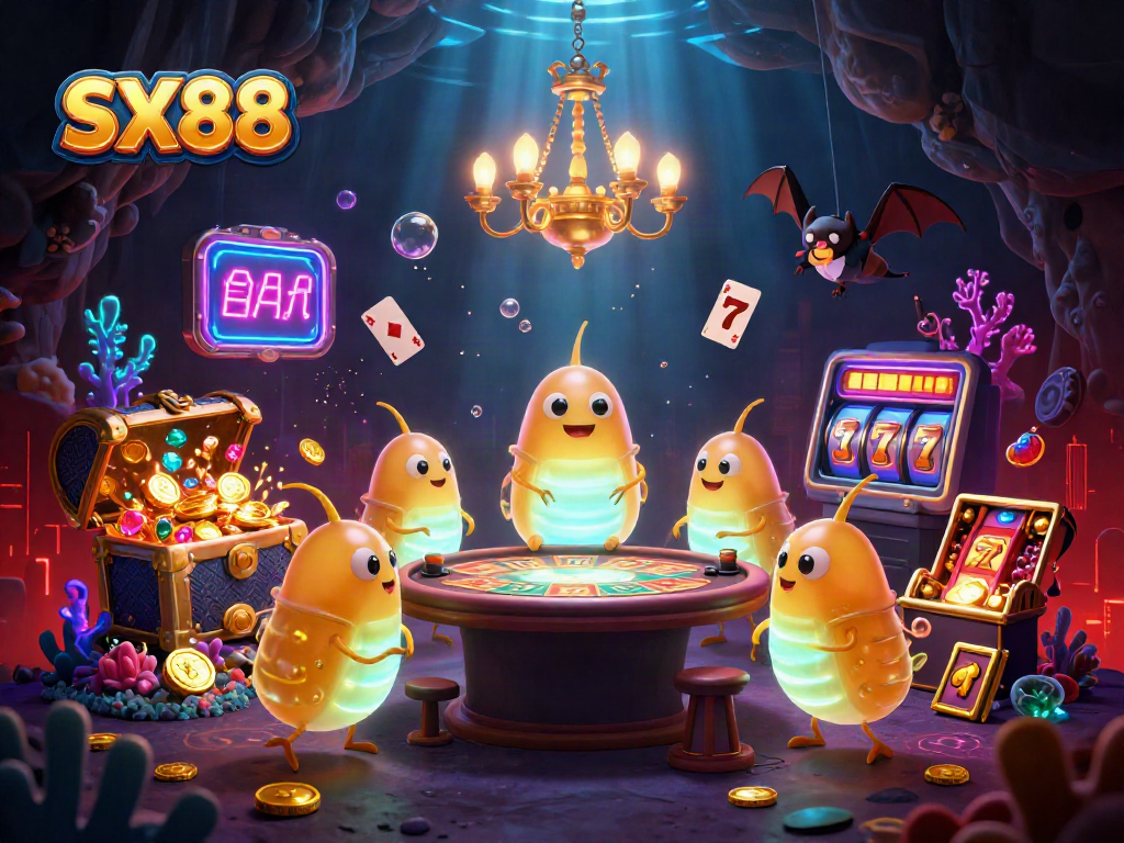 SX88 glowworms illuminate a vibrant casino scene filled with slot reels and treasures, showcasing a lively gambling atmosphere