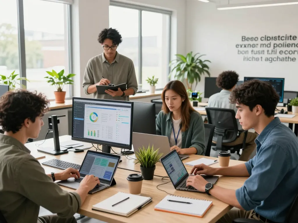 Team collaborating with tech gadgets for productivity in a bright modern office.