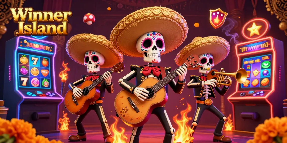Experience the excitement of Winner Island with colorful mariachi skeletons surrounded by vibrant slot machines.