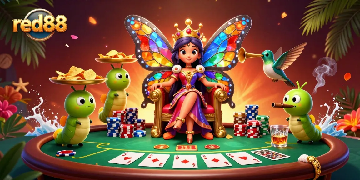 Experience the vibrant world of red88 as the butterfly queen presides over a poker extravaganza.