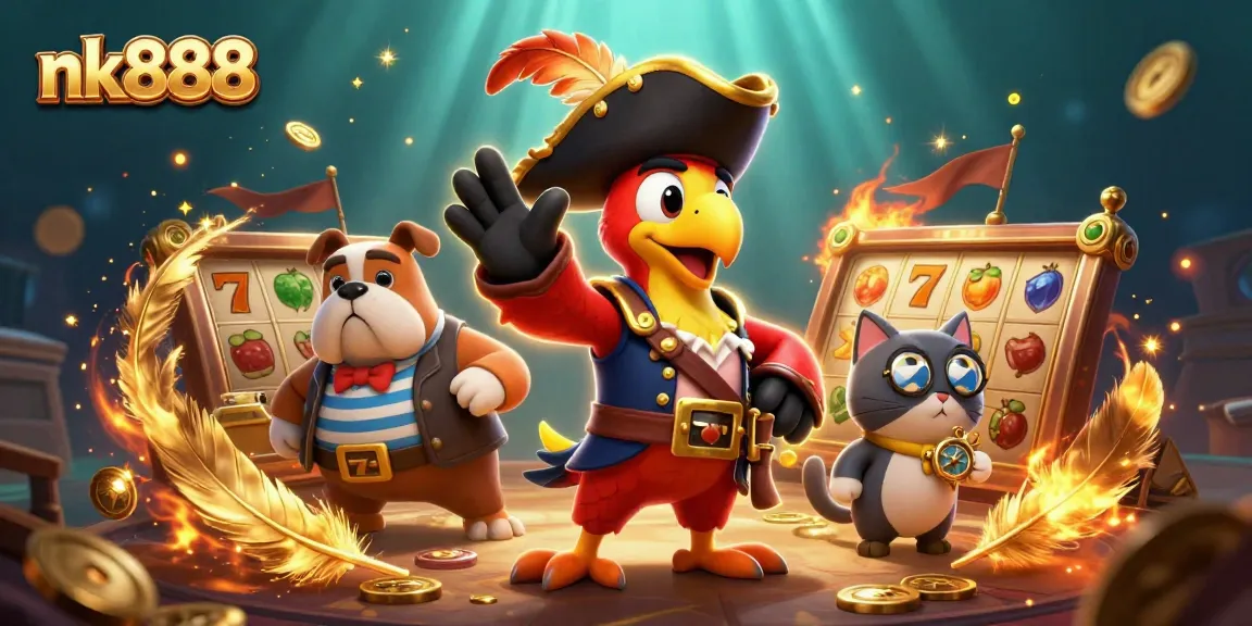 Join the adventure at nk888 with a pirate captain, bulldog, and cat amidst slot reels and gold coins.