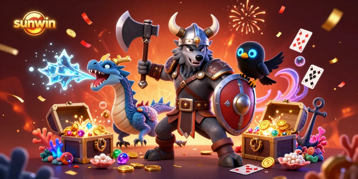 Experience thrilling gameplay in Sunwin with an ultra-detailed 3D illustration of epic characters and vibrant casino elements.