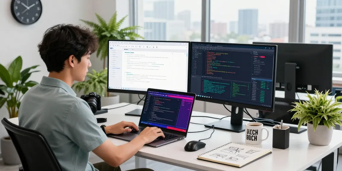 Build internal tools with AI in a modern tech workspace showing a developer coding with dual monitors and productivity items.