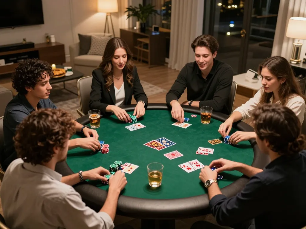 Friends enjoying a competitive poker night at home featuring Jun 88 gameplay strategies.