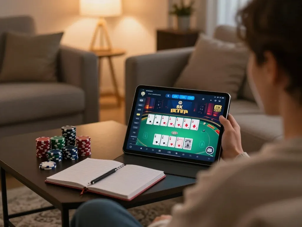 A person enjoying a poker game with the 8K BET app on a tablet in a cozy home setting.