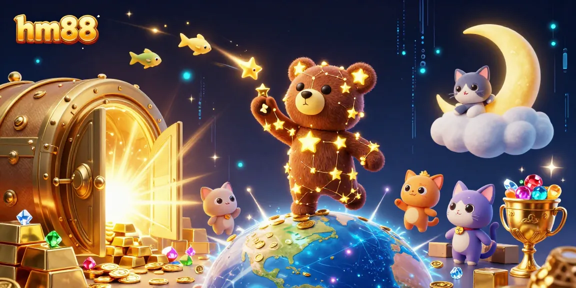 Spin for big wins at hm88 with a vibrant 3D casino scene showcasing treasures and cosmic elements.