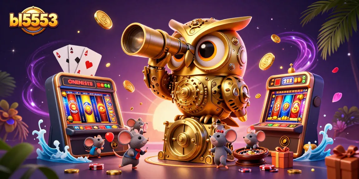 Engage with the thrilling universe of bl5553, where a golden owl oversees a bustling casino filled with vibrant slot games and dynamic action.