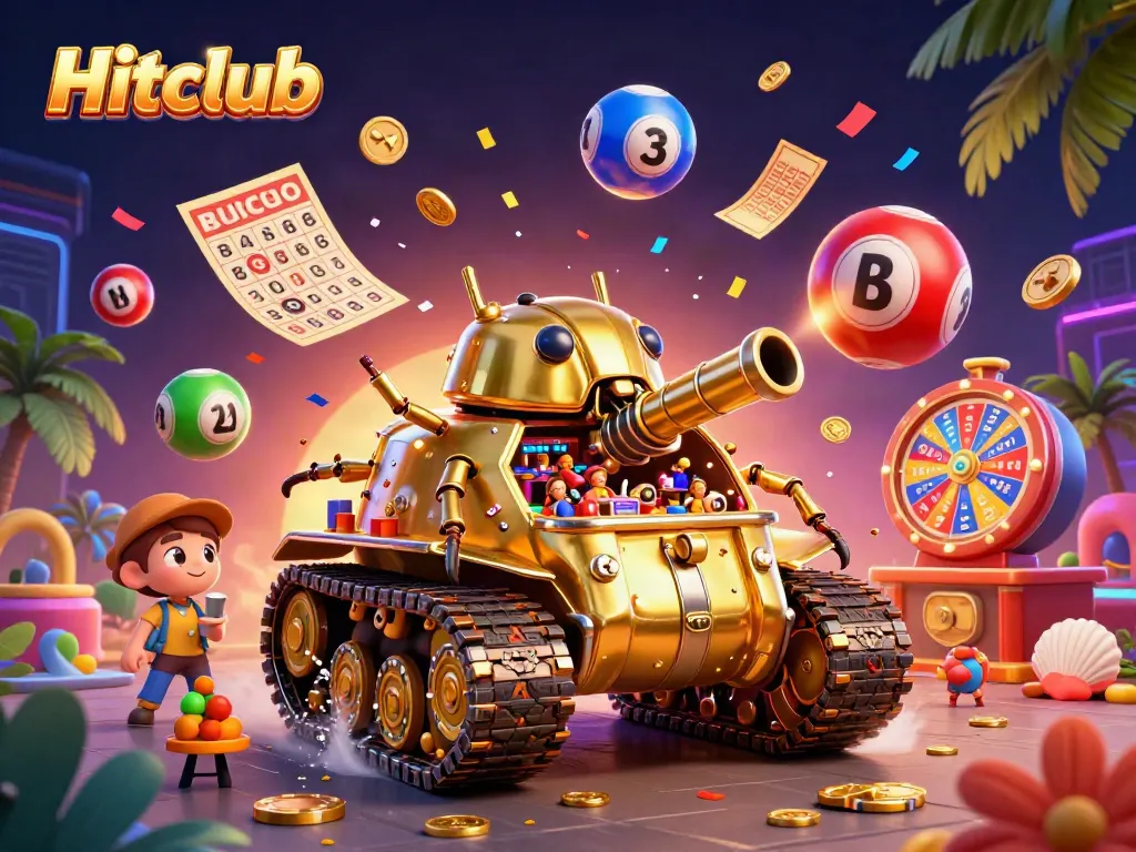 Experience the excitement of Hitclub with a vibrant casino scene featuring a golden beetle tank, dynamic lottery balls, and an energetic atmosphere.