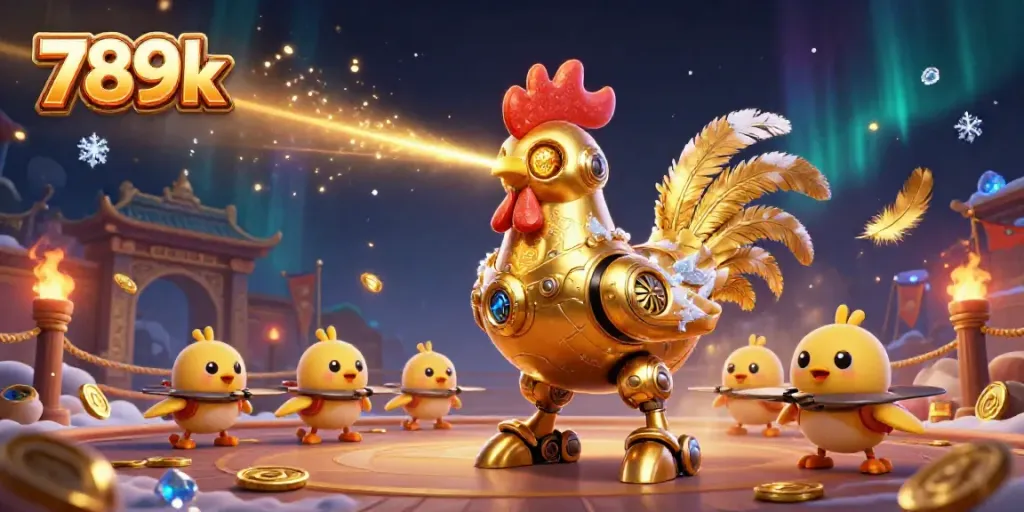 Engage with 789k's dynamic casino adventure featuring a laser-engraving golden rooster robot and baby chick drones.