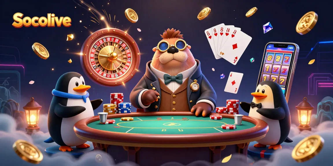 Socolive features a jolly walrus and sophisticated characters playing poker underwater in a dazzling casino scene.