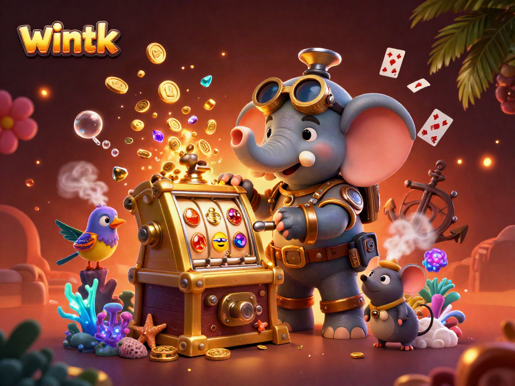 Spin the golden slot machine at wintk, featuring a steampunk elephant engineer in action.
