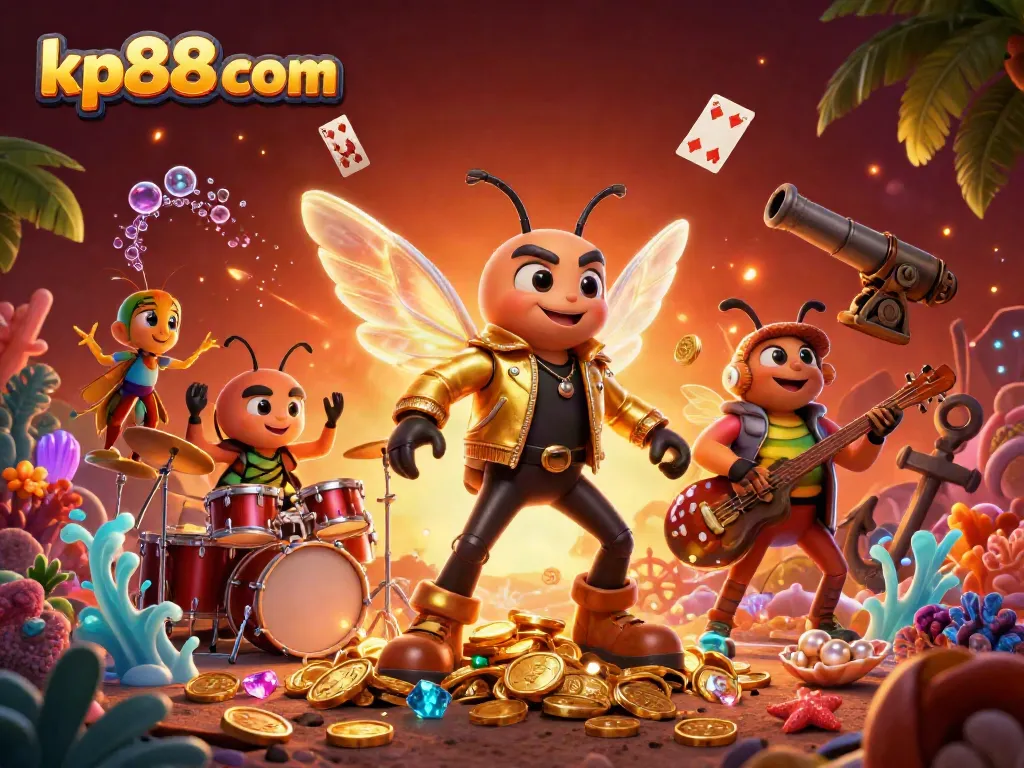 Experience kp88 com in a rich, dynamic gambling scene with characters and treasures.