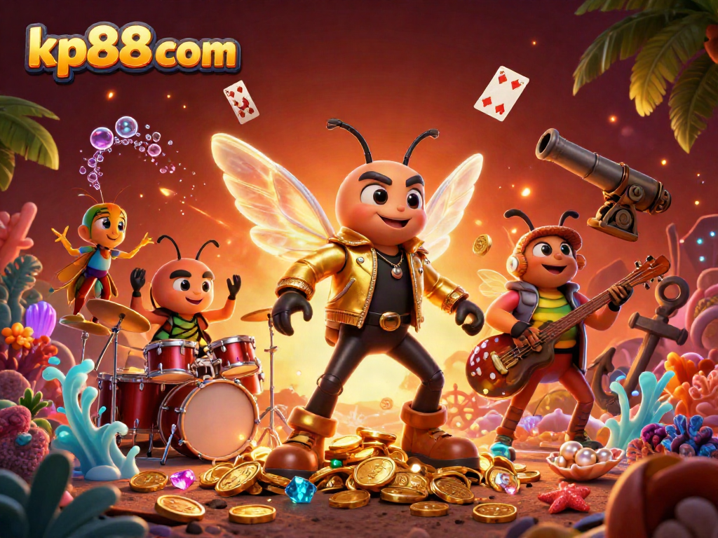 Experience kp88 com in a rich, dynamic gambling scene with characters and treasures.