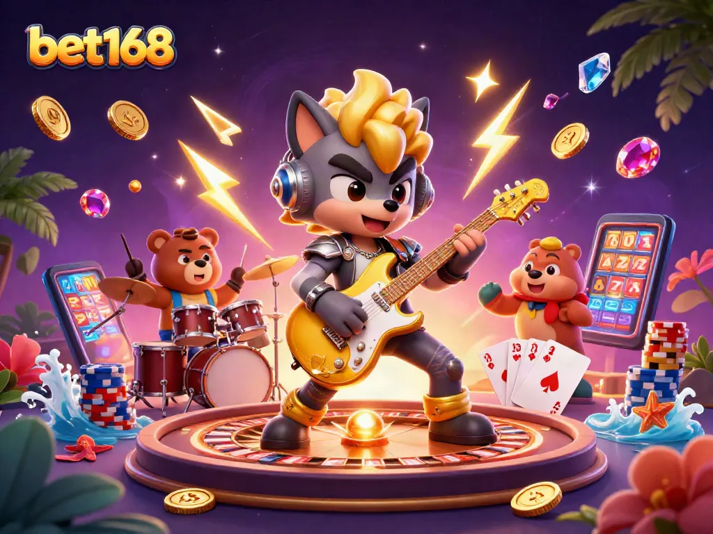 Experience excitement with bet168 featuring an electric guitar showdown on a vibrant casino stage.