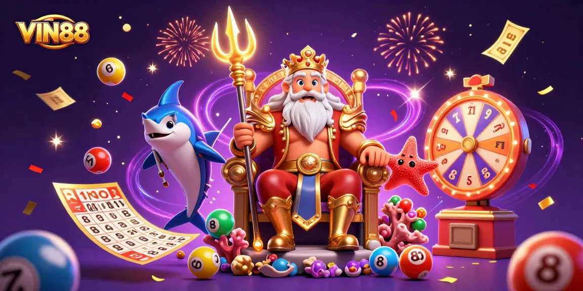 Experience thrilling wins with VIN88 in this vibrant 3D casino scene featuring Neptune.