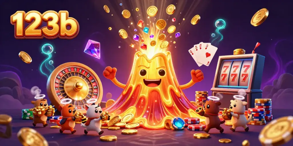 Experience excitement with the 123b casino volcano erupting treasures, coins, and lively game elements in a vibrant scene.