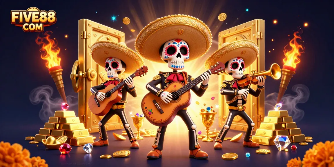 Experience the excitement of FIVE88 COM with lively mariachi characters in a vibrant casino scene.