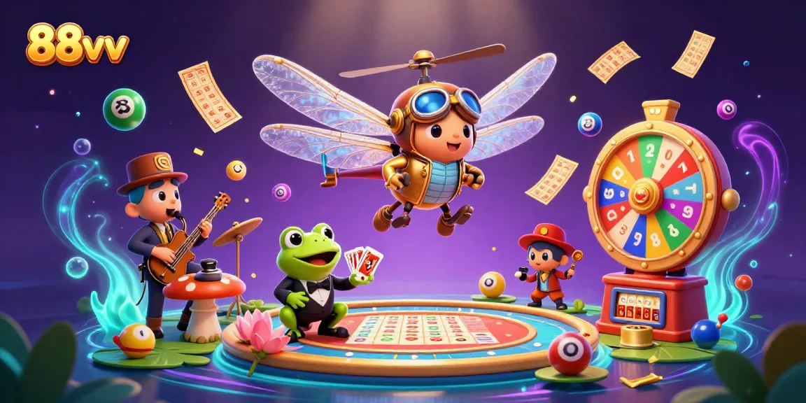 Engage with exciting games at 88vv's animated lily pad casino featuring colorful lottery elements.