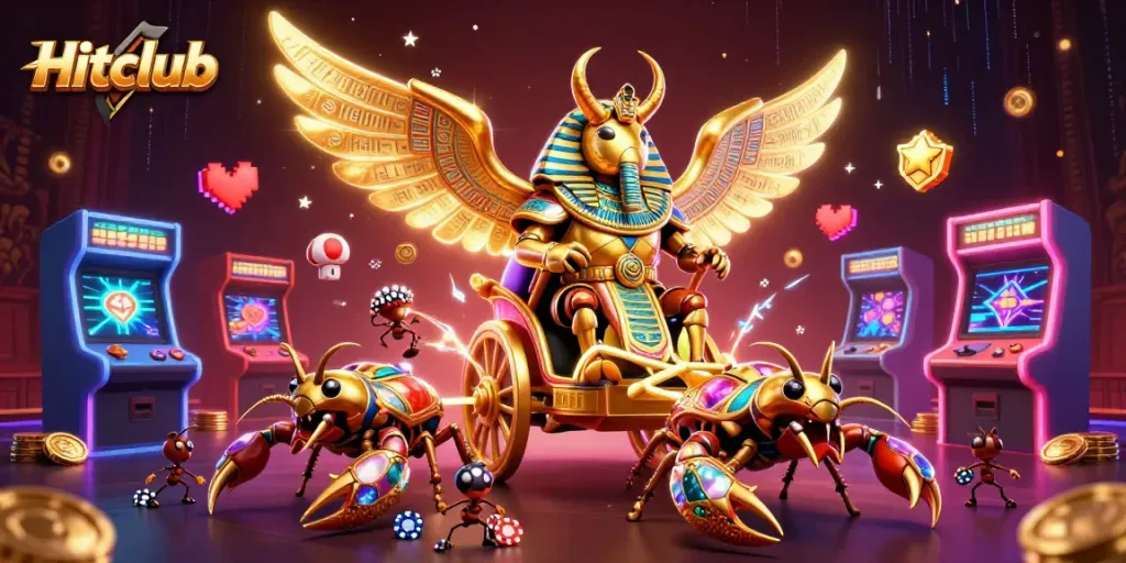 Engage in thrilling gameplay at Hitclub, featuring vibrant 3D casino elements and characters.