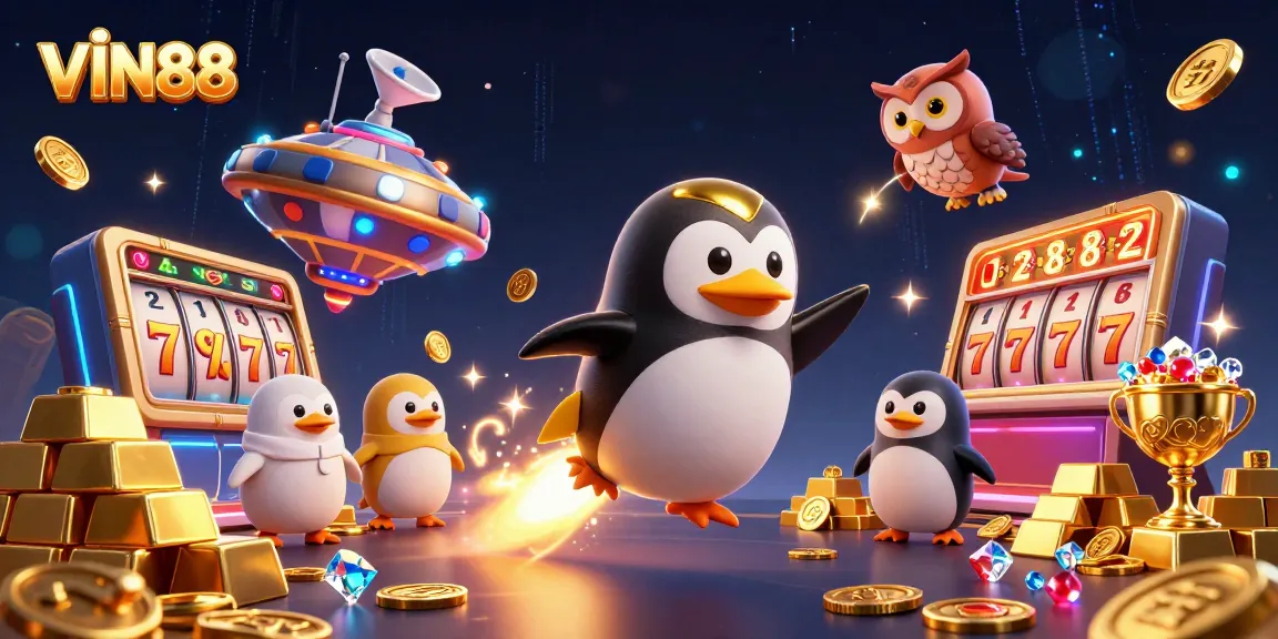 Experience the excitement of VIN88's casino environment with a golden penguin soaring past dazzling slots and treasures.
